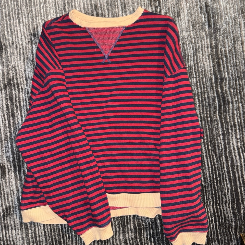Free People Red and Navy Striped Long Sleeve Tee with Cream Trim